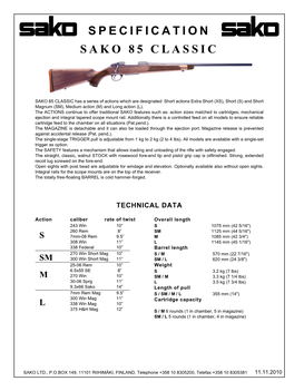 Sako 85 Classic Rifle Specs