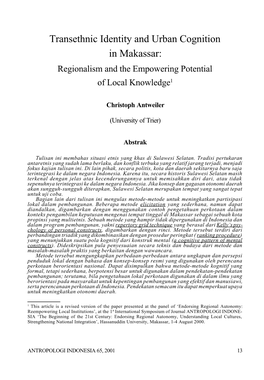 Transethnic Identity and Urban Cognition in Makassar: Regionalism and the Empowering Potential of Local Knowledge1