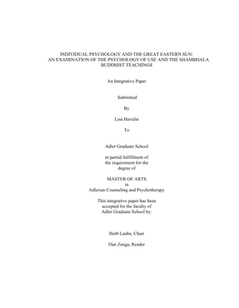 Individual Psychology and the Great Eastern Sun: an Examination of the Psychology of Use and the Shambhala Buddhist Teachings