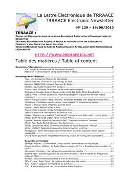La Lettre Electronique De TRRAACE TRRAACE Electronic Newsletter