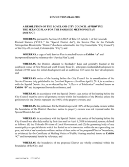 Resolution Approving the Parkside Metropolitan District Service Plan
