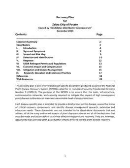 Recovery Plan for Zebra Chip of Potato Contents Page