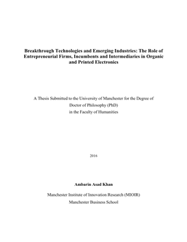 Breakthrough Technologies and Emerging Industries: the Role of Entrepreneurial Firms, Incumbents and Intermediaries in Organic and Printed Electronics