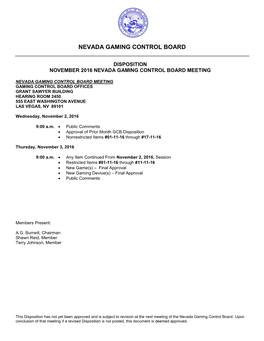 Disposition November 2016 Nevada Gaming Control Board Meeting