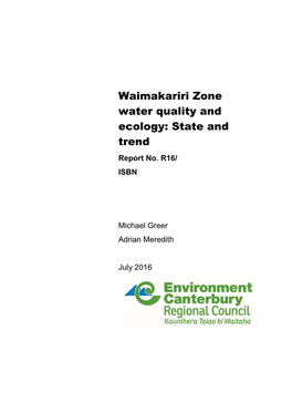 Waimakariri Zone Water Quality and Ecology: State and Trend Report No