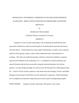 Mineralogy and Mineral Chemistry of Southeastern Piedmont