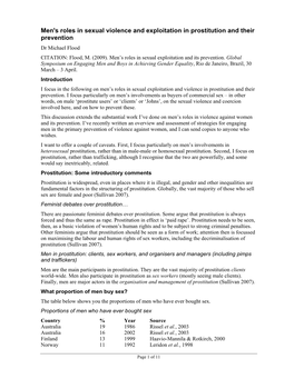 Men's Roles in Sexual Violence and Exploitation in Prostitution and Their Prevention Dr Michael Flood CITATION: Flood, M