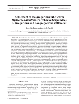 Settlement of the Gregarious Tube Worm Hydroides Dianthus (Polychaeta: Serpulidae)