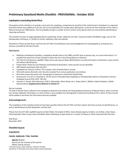 Preliminary Swaziland Moths Checklist - PROVISIONAL - October 2018