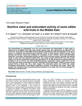Nutritive Value and Antioxidant Activity of Some Edible Wild Fruits in the Middle East