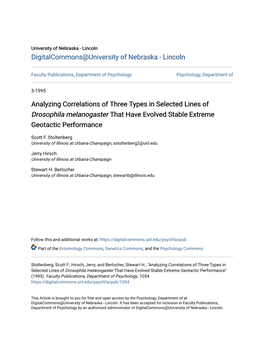 Analyzing Correlations of Three Types in Selected Lines of Drosophila Melanogaster That Have Evolved Stable Extreme Geotactic Performance