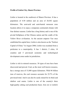 Profile of Linfen City, Shanxi Province