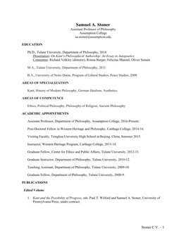 Samuel A. Stoner Assistant Professor of Philosophy Assumption College Sa.Stoner@Assumption.Edu