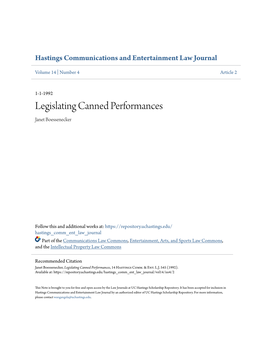 Legislating Canned Performances Janet Boessenecker