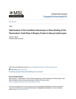 Optimization of the Conditions Necessary to Show Binding of the Plasmodium Yoelii Rhop-3 Rhoptry Protein to Mouse Erythrocytes