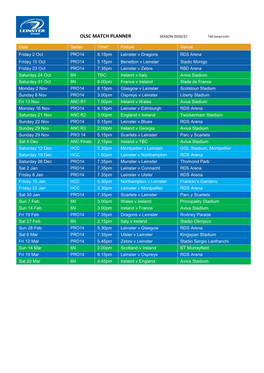 OLSC MATCH PLANNER SEASON 2020/21 *All Times Irish