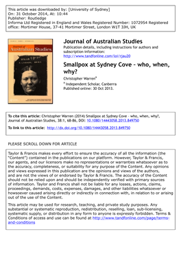 Smallpox at Sydney Cove – Who, When, Why? Christopher Warrena a Independent Scholar, Canberra Published Online: 30 Oct 2013