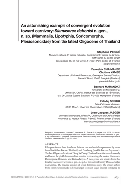 An Astonishing Example of Convergent Evolution Toward Carnivory: Siamosorex Debonisi N