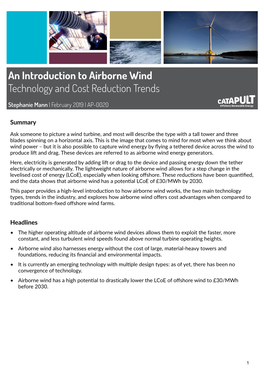 An Introduction to Airborne Wind Technology and Cost Reduction Trends