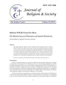 Babylon Will Be Found No More on Affinities Between Christianity and Anarcho-Primitivism Johan Eddebo, Uppsala University, Sweden