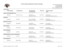 General Election Winners Roster Wyoming Elections Division 200 W