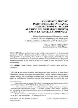 Cambios Políticos E Institucionales En Aranda De Duero Desde El Acceso Al Trono De Los Reyes Católicos Hasta La Revuelta Comunera*