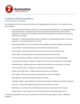 Tranzformer Shift Kit Installation for Firmware Version 1.4.2-032715