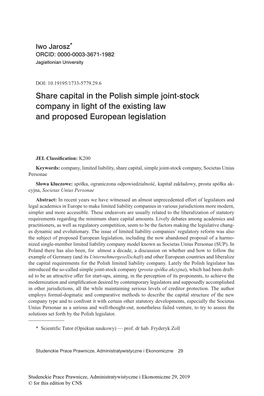 Share Capital in the Polish Simple Joint-Stock Company in Light of the Existing Law and Proposed European Legislation