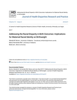 Addressing the Racial Disparity in Birth Outcomes: Implications for Maternal Racial Identity on Birthweight Journal of Health Disparities Research and Practice