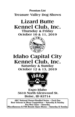 Idaho Capital City Kennel Club, Inc. Saturday & Sunday October 12 & 13, 2019