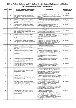 List of Polling Stations for 89 - Salem (North) Assembly Segment Within the 15 - SALEM Parliamentary Constituency