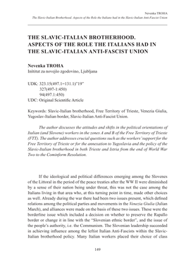 The Slavic-Italian Brotherhood. Aspects of the Role the Italians Had in the Slavic-Italian Anti-Fascist Union