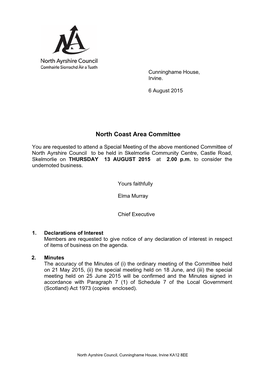 North Ayrshire Council to Be Held in Skelmorlie Community Centre, Castle Road, Skelmorlie on THURSDAY 13 AUGUST 2015 at 2.00 P.M