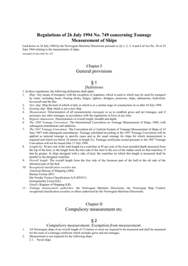 Regulations of 26 July 1994 No. 749 Concerning Tonnage Measurement