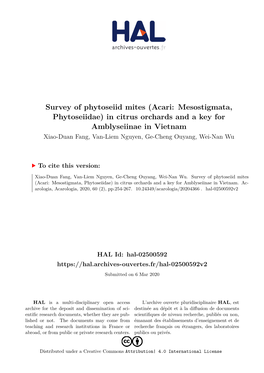 Survey of Phytoseiid Mites (Acari: Mesostigmata, Phytoseiidae) In