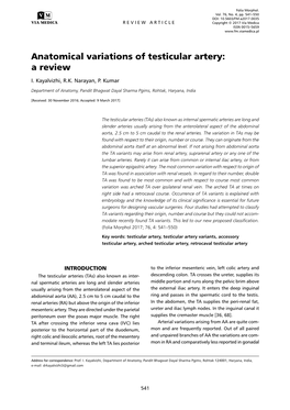 Anatomical Variations of Testicular Artery: a Review I