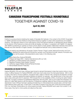 CANADIAN FRANCOPHONE FESTIVALS ROUNDTABLE TOGETHER AGAINST COVID-19 April 30, 2020