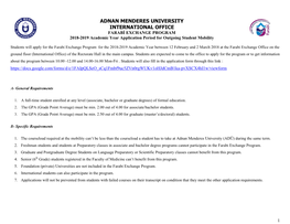 ADNAN MENDERES UNIVERSITY INTERNATIONAL OFFICE FARABİ EXCHANGE PROGRAM 2018-2019 Academic Year Application Period for Outgoing Student Mobility