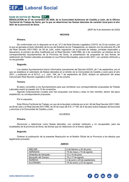 Soria, Por La Que Se Determinan Las Fiestas Laborales De Carácter Local Para El Año 2021 De La Provincia De Soria