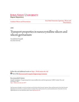 Transport Properties in Nanocrystalline Silicon and Silicon Germanium Satyalakshmi Saripalli Iowa State University