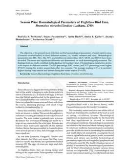 Season Wise Haematological Parameters of Flightless Bird Emu, Dromaius Novaehollandiae (Latham, 1790)