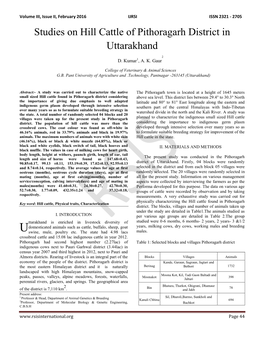 Studies on Hill Cattle of Pithoragarh District in Uttarakhand