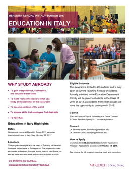 Meredith Abroad in Italy Summer 2017 Education in Italy