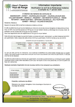Hqut Chemin Lnformation I Mportante Poys De Ponge Modification Du Tarif De La Redevance Lncitative 1"' Janvier Communouté De Communes À Compter Du 2020