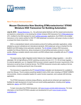 Mouser Electronics Now Stocking Stmicroelectronics' STKNX