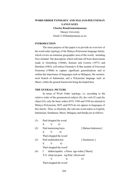 Word Order Typology of the Malayo-Polynesian Language Family, Which Covers an Immense Geographic Area of the World, Including New Zealand