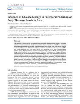 Influence of Glucose Dosage in Parenteral Nutrition on Body Thiamine Levels in Rats Daisuke Harada1, Mitsuo Nakayama2