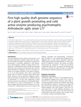 First High Quality Draft Genome Sequence of a Plant Growth Promoting and Cold Active Enzyme Producing Psychrotrophic Arthrobacter Agilis Strain L77 Ram N