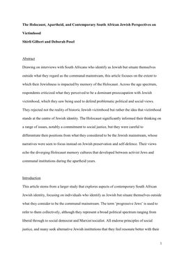 The Holocaust, Apartheid, and Contemporary South African Jewish Perspectives on Victimhood Shirli Gilbert and Deborah Posel Abst