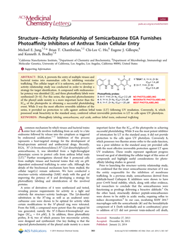 Structure−Activity Relationship of Semicarbazone EGA Furnishes Photoaﬃnity Inhibitors of Anthrax Toxin Cellular Entry † ‡ † ‡ § § Michael E